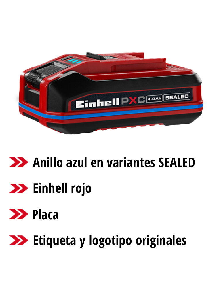 Batería SEALEAD Power X-Change de Einhell con anillo azul, etiqueta de tipo y marca original en un gráfico de vista general.