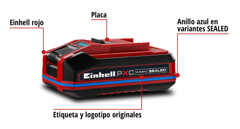 Batería SEALEAD Power X-Change de Einhell con anillo azul, etiqueta de tipo y marca original en un gráfico de vista general.