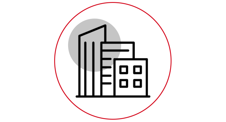 Icon graphic of multiple buildings on a red background with a grey circle.